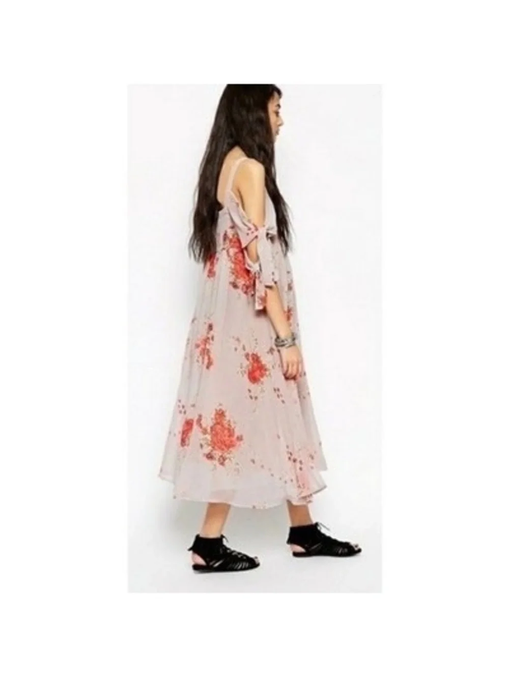 Free People Tied for You Lilac Gray Floral Coral Airy Maxi Dress Size S